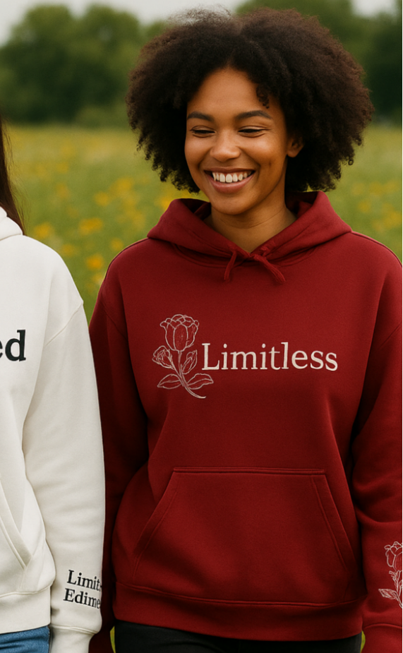 Two people wearing hoodies with 'Unlimited Impact' and 'Limitless' text in a field.