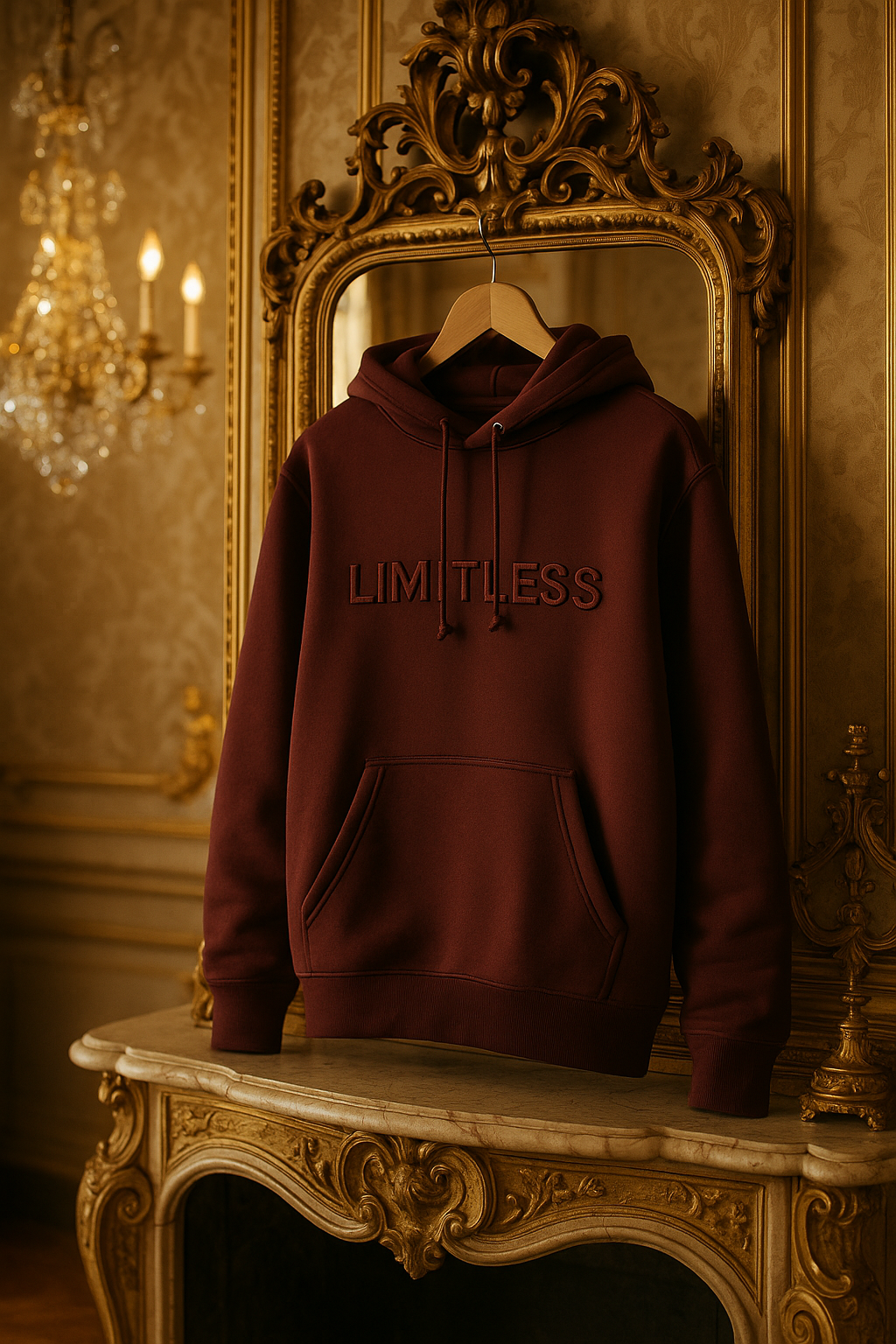Maroon hoodie with 'LIMITLESS' text hanging on a ornate mirror in an elegant room.